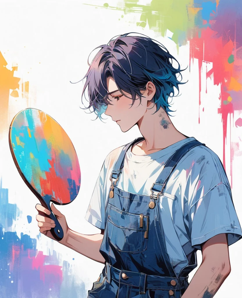 (work of art, better quality:1.2), 1 man, alone, Wear dirty overalls., With brush and palette in hand. short hair, Colorful and dreamy hair. young man, 