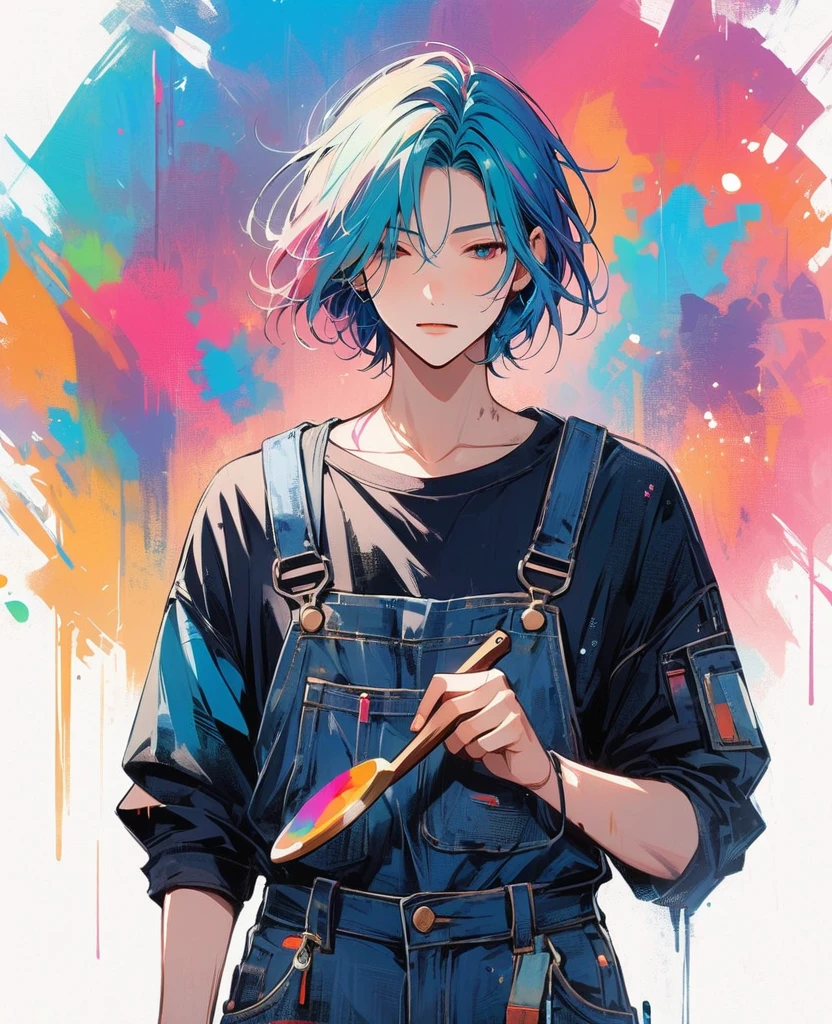 (work of art, better quality:1.2), 1 man, alone, Wear dirty overalls., With brush and palette in hand. short hair, Colorful and dreamy hair. young man, 