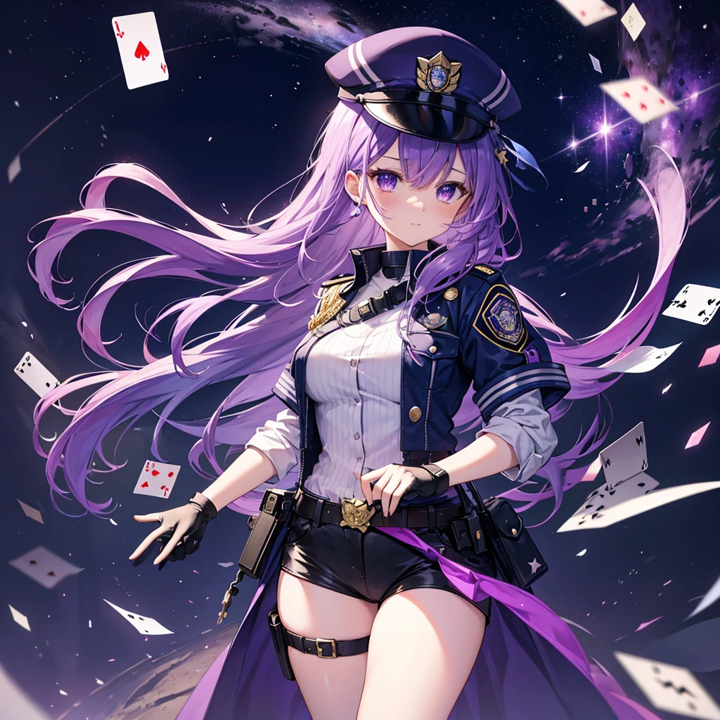 ((Fantasy　Purple Hair　Long Hair　Purple eyes　Female police officer　star badge　policeman's cap　Chest Opening　Lonely　despair))　((Spade playing card　Broken glass　gloves　milky way))　(comet　moon)　Catch the wind　autumn　Glowing purple background　Particles of light, Shining Edges　Low Angle