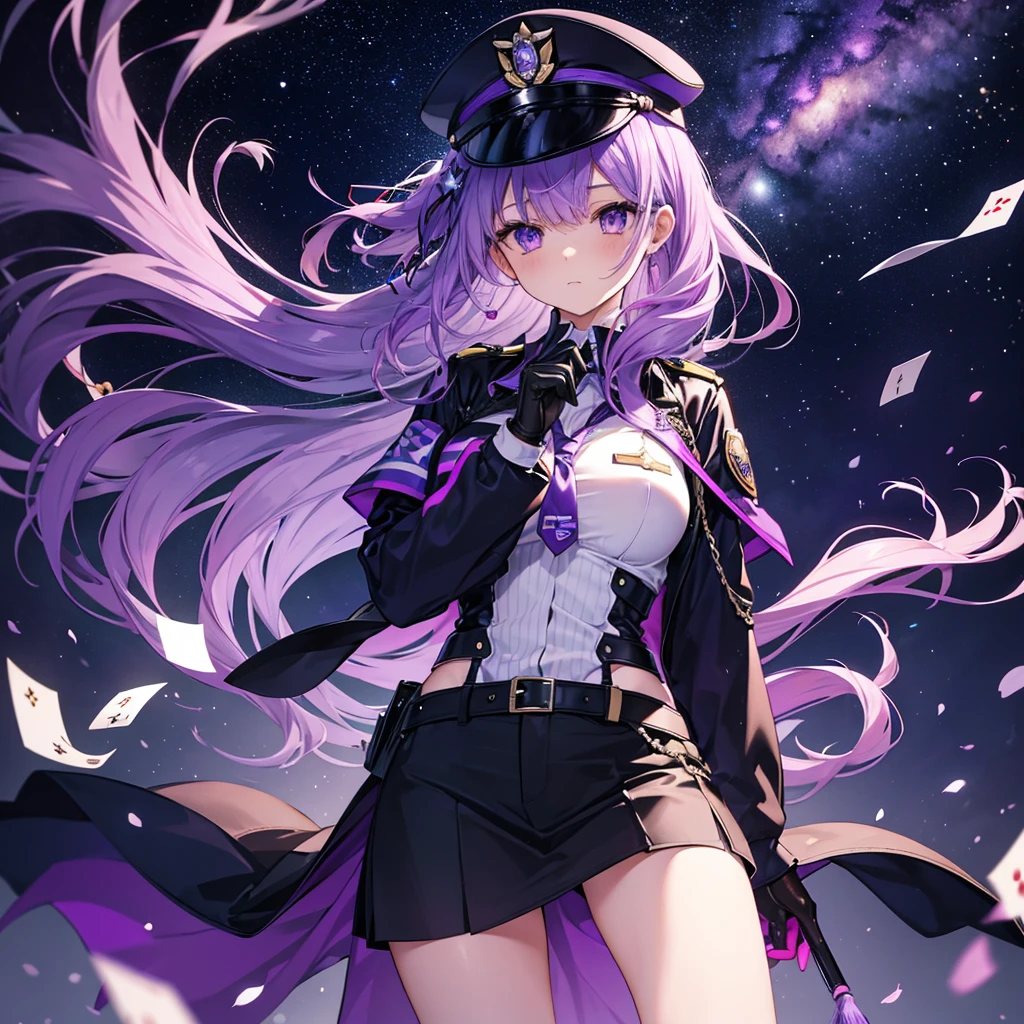((Fantasy Purple Hair Long Hair Purple eyes Female police officer Star Badge policeman's cap Chest opening Lonely despair)) ((Spade playing card Broken glass gloves milky way)) (comet moon) Catch the wind autumn Glowing purple background Particles of light, Shining Edges Low - Angle
