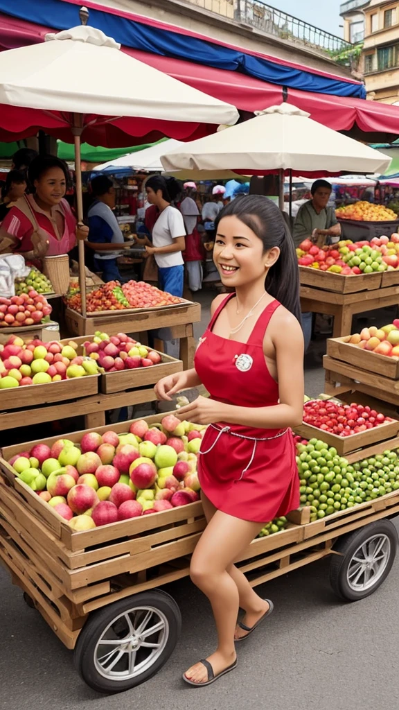 very realistic 4D caricature portrait, a busy traditional market with traders selling their wares, a cute little  is running while carrying a balloon, making the fruit seller laugh when she almost hits a pile of apples
