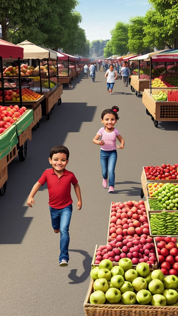 very realistic 4D caricature portrait, a busy traditional market with traders selling their wares, a cute little is running while carrying a balloon, making the fruit seller laugh when she almost hits a pile of apples