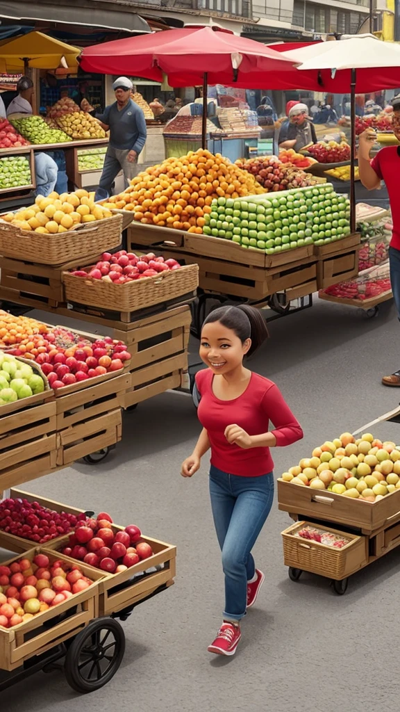 very realistic 4D caricature portrait, a busy traditional market with traders selling their wares, a cute little is running while carrying a balloon, making the fruit seller laugh when she almost hits a pile of apples