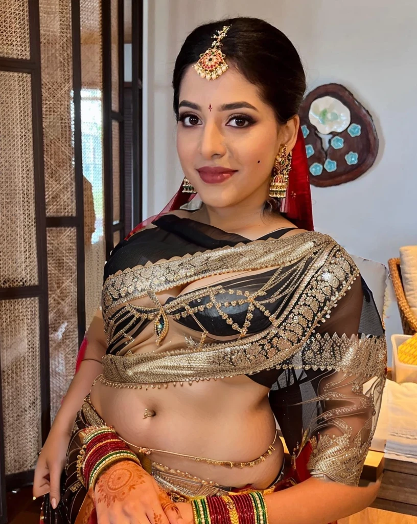 black transparent saree, deep cleavage