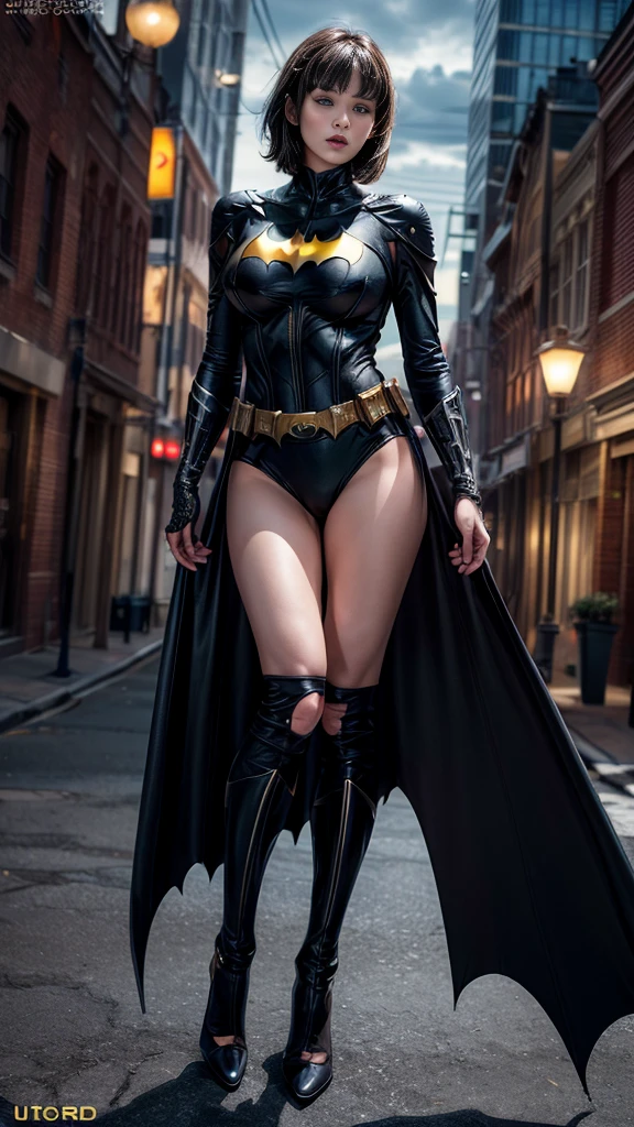 nsfw:1.5、((Cowboy Shot))、Mature Woman、(masterpiece, Highest quality), Intricate details, 8K, 1 Girl, Long Hair, Bowl Cut Hair,((blunt bangs))、 Black Hair,((Batman suit with intricate and detailed design)),Skyscraper, city, building,street,((Delicate painting)),(Detailed RAW photos of girls), (Pieces fly:1.25), (Highest quality:1.6), (Ultra-high resolution:1.5), (Photorealistic:1.75), 8K resolution, Canon EOS R5, 50mm, Confused, Very detailed,Cinema Lighting、(((Super big breasts)))、Leg spread、The abdomen is visible、((Separate suits))、Batman knee-high socks with intricate and detailed designs、Sexy pose、Batman bikini with delicate and detailed embellishment、(((Ripped and tattered suit:1.1)))