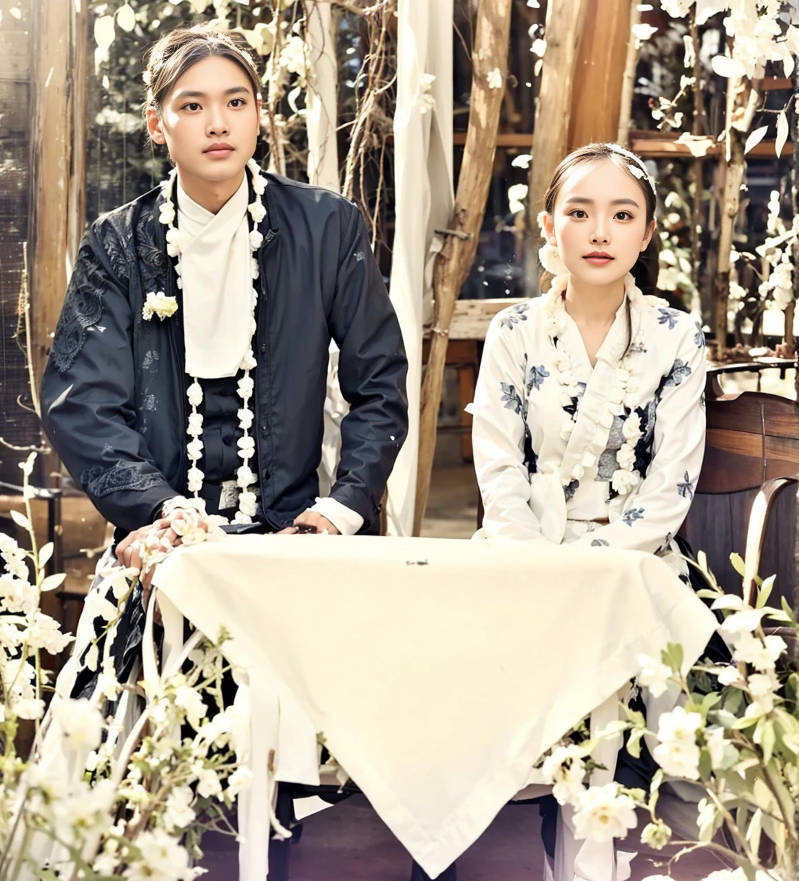 Wedding photo, the bride and groom are sitting together, in front of them there is a table covered with a white tablecloth, the groom is wearing a hit6 beskap jacket and wearing a light brown Javanese blangkon, the bride is wearing a white kebaya with floral motifs, her hair is tied in a neat bun, the bride and groom are looking at the camera, trees in the background green, realistic, ultra HD 34K, wallpaper, best quality