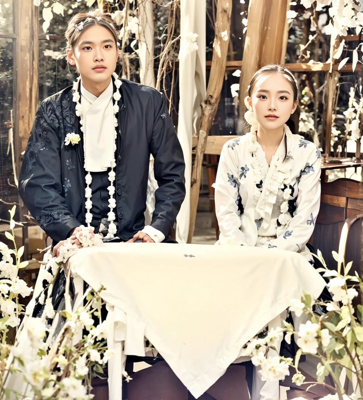 Wedding photo, the bride and groom are sitting together, in front of them there is a table covered with a white tablecloth, the groom is wearing a hit6 beskap jacket and wearing a light brown Javanese blangkon, the bride is wearing a white kebaya with floral motifs, her hair is tied in a neat bun, the bride and groom are looking at the camera, trees in the background green, realistic, ultra HD 34K, wallpaper, best quality