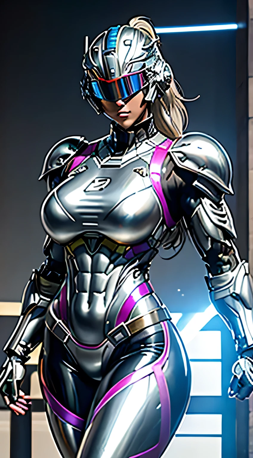 Female Robocop Solo、Bright outdoors、strong light source、8K, high quality, masterpiece, 最high quality, Crisp contrast、Very detailed、Full body armor、Very large armor、Helmet covering the head、Clear photos、His eyes are hidden by thin straight goggles:1.3、The lower half of the face is raw々Shii:1.5、The lower half of the face is exposed、Seductive lips、Metallic rainbow and white metallic armor、Armor that completely covers the chest、Long, slender legs、Vibrant Posselo Body View,Big and ample breasts:1.5, (Sports Body:1.5)、Five Fingers、Photos in the city