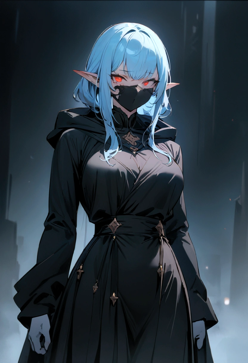 Masterpiece, Best Quality, ((Best Quality)), ((Masterpiece)), (detailed), 1 girl , long hood , light blue hair, red eye color , high , elegant , pointed ears , standing , strong , 20 years , monster girl , Alone , black sleeves , black mask , mask on the face , good body