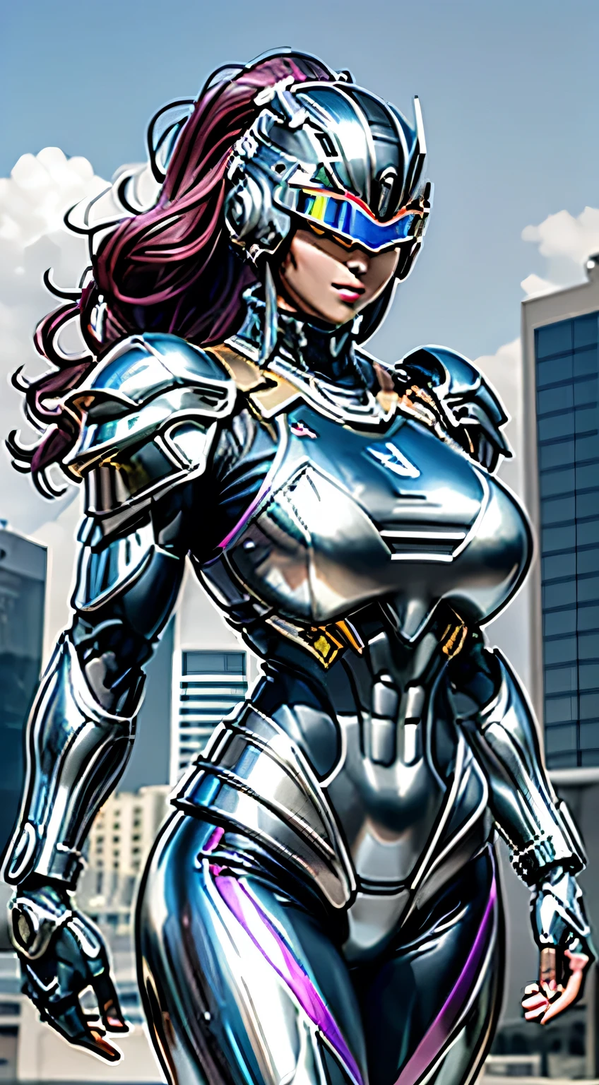 Female Robocop Solo、Bright outdoors、strong light source、8K, high quality, masterpiece, 最high quality, Crisp contrast、Very detailed、Full body armor、Very large armor、Helmet covering the head、Clear photos、His eyes are hidden by thin straight goggles:1.3、The lower half of the face is raw々Shii:1.5、The lower half of the face is exposed、Seductive lips、Metallic rainbow and white metallic armor、Armor that completely covers the chest、Long, slender legs、Vibrant Posselo Body View,Big and ample breasts:1.5, (Sports Body:1.5)、Five Fingers、Photos in the city
