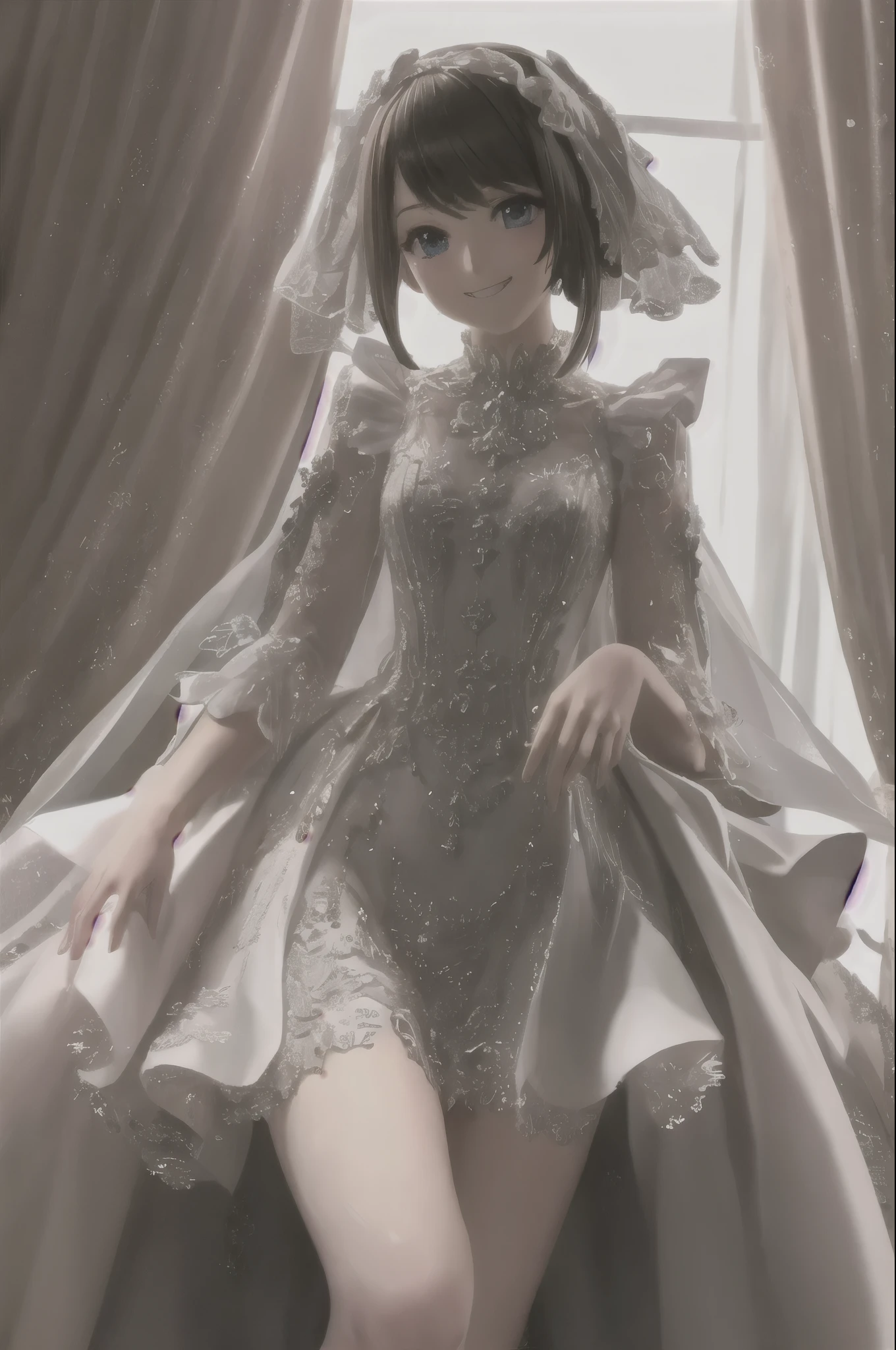 A girl, dressed in a wedding dress, white wedding dress, full body drawing, slim, long legs