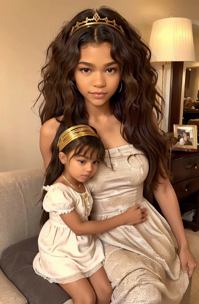 black queen with daughter, queen like Zendaya, zendaya adulte with daughter, curly hair, African queen with long curly hair, daughter has blond curly hair, cute hairstyle, sheer luxury dress, queen crowned, princess crowned