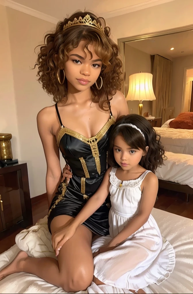 black queen with daughter, queen like Zendaya, zendaya adulte with daughter, curly hair, African queen with long curly hair, daughter has blond curly hair, cute hairstyle, sheer luxury dress, queen crowned, princess crowned