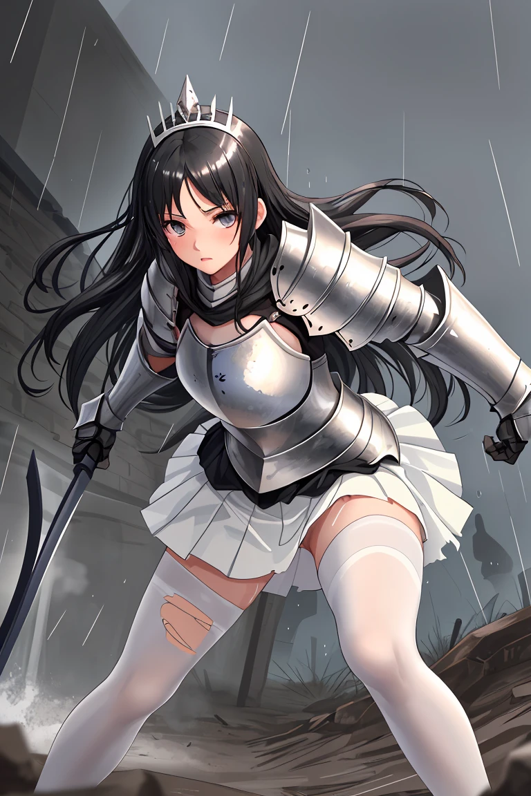 female knight　armor　Torn white skirt　Torn white tights　No underwear　Black Hair　Shortcuts　battlefield　heavy rain　tiara　In combat