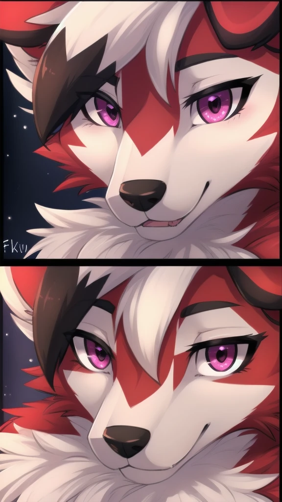 By zinfyuu on pixiv,by twistedscarlet60, uploaded on pixiv, by fluff-kevlar, (masterpiece), (best quality), (anthro furry:1.3, snout:1.2, anthro:1.3, furry:1.2, solo female:1.2),(detailed eye, pink eye),BREAK,pokemon, lycanroc, lycanroc midnight,nude, sfw ,:o, kiss me, close up camera angle, love eye shape
