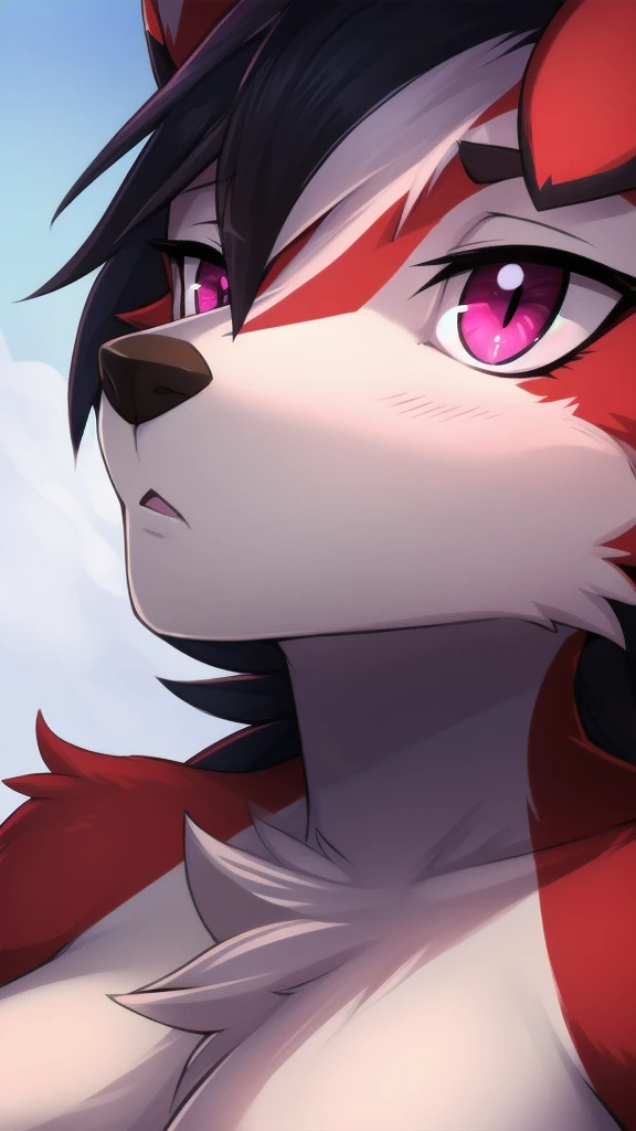 By zinfyuu on pixiv,by twistedscarlet60, uploaded on pixiv, by fluff-kevlar, (masterpiece), (best quality), (anthro furry:1.3, snout:1.2, anthro:1.3, furry:1.2, solo female:1.2),(detailed eye, pink eyes),BREAK,pokemon, lycanroc, lycanroc midnight,nude, sfw ,:o, kiss me, close up camera angle