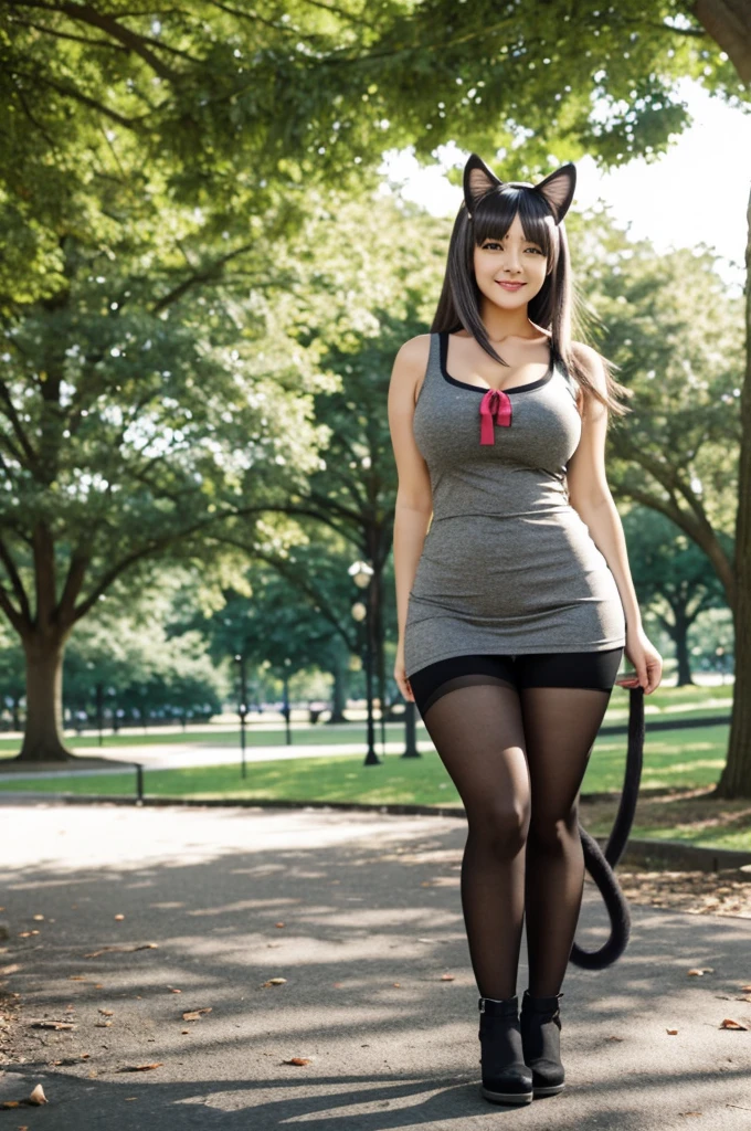 cat girl, anime in the park with gray cat ears and tail, happy in the park wearing appropriate clothes but showing her curves