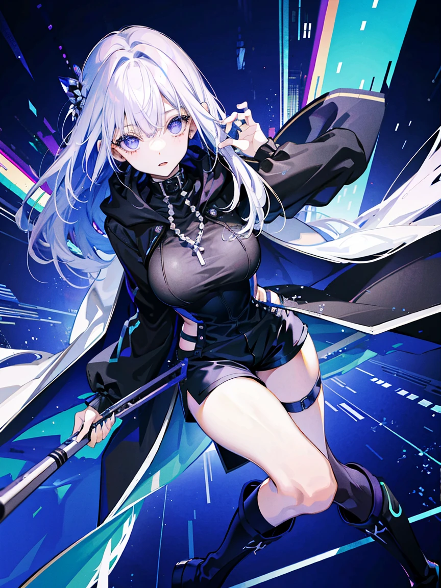 (Fine and beautiful eyes)、long hair,Long, blue-gray hair,Two moles,Mole under the eye,Beautiful purple eyes,Detailed eyes,Detailed face,Large breasts,Black Hoodie、Thin legs,Long black boots、High resolution eyes、Jewel-like eyes、Straight Hair、Minimally revealing clothing、Short, oversized black shorts、Shorts that cover the thighs,Extreme Detail、High resolution、Shining Eyes