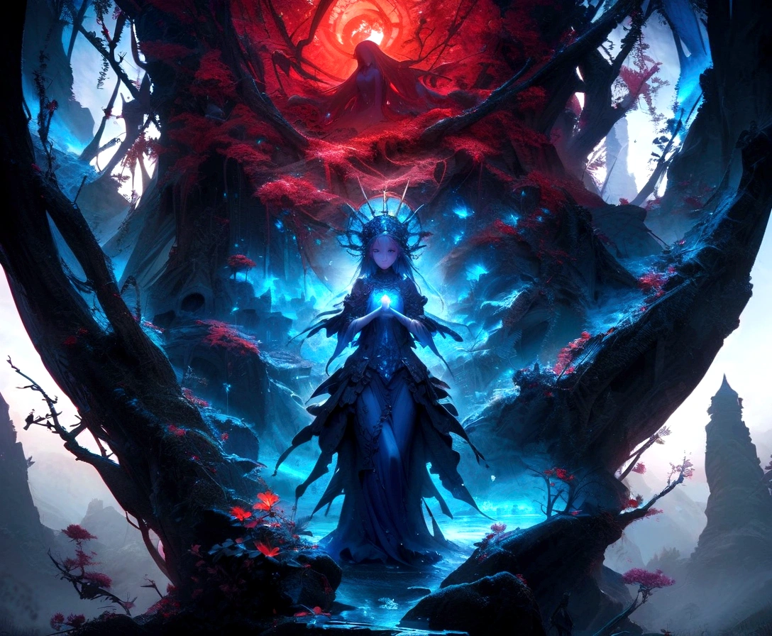 surrealist art breathtaking A stunning high quality photo of a mystical figure with a blue hue, adorned with an ornate headdress that resembles a blend of tree branches and flowers. The figure's eyes are strikingly red, and it extends its hands towards the viewer, creating an ethereal and captivating aura. The background is a deep blue, adding to the enchanting ambiance. The figure seems to be emerging from a body of water, with a silhouette of a person visible at the bottom.. award-winning, professional, highly detailed . dreamlike, mysterious, provocative, symbolic, intricate, detailed