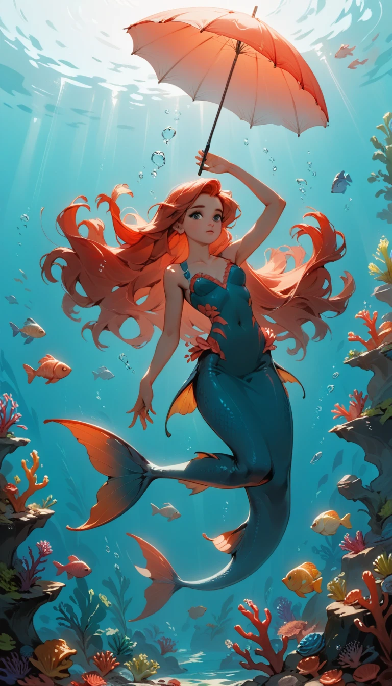 Minimalist Travel，diving，mermaid，Ariel、The girl is holding an umbrella and putting her hand on her cheek, Gazing into the distance, Thoughtful、Striking a dreamy pose, Conveying serenity and depth, Dutch Angle,Minimalism, In the beautiful coral reef, Colorful small fish、Beautiful sunlight、prism、shape.