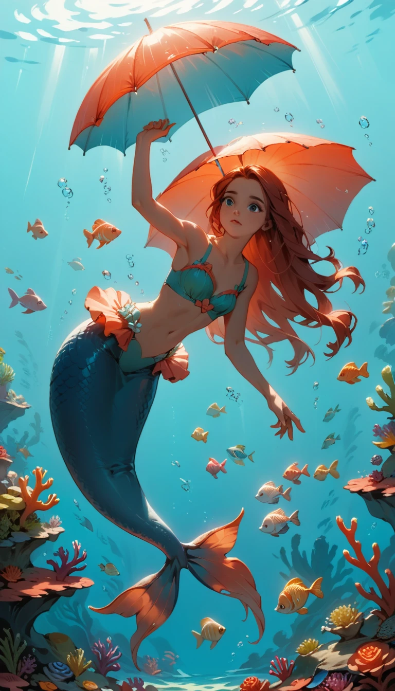 Minimalist Travel，diving，mermaid，Ariel、The girl is holding an umbrella and putting her hand on her cheek, Gazing into the distance, Thoughtful、Striking a dreamy pose, Conveying serenity and depth, Dutch Angle,Minimalism, In the beautiful coral reef, Colorful small fish、Beautiful sunlight、prism、shape.