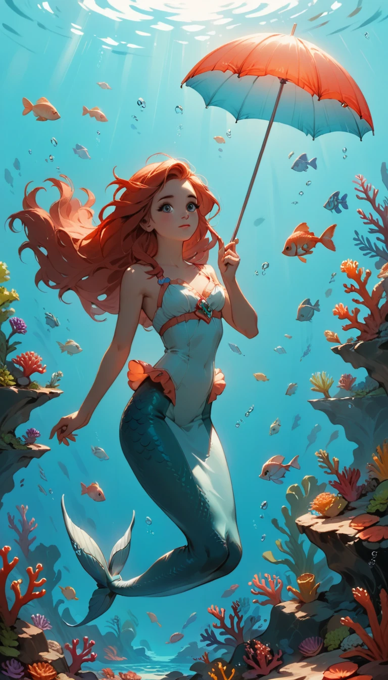 Minimalist Travel,diving,mermaid,Ariel、The girl is holding an umbrella and putting her hand on her cheek, Gazing into the distance, Thoughtful、Striking a dreamy pose, Conveying serenity and depth, Dutch Angle,Minimalism, In the beautiful coral reef, Colorful small fish、Beautiful sunlight、prism、shape.