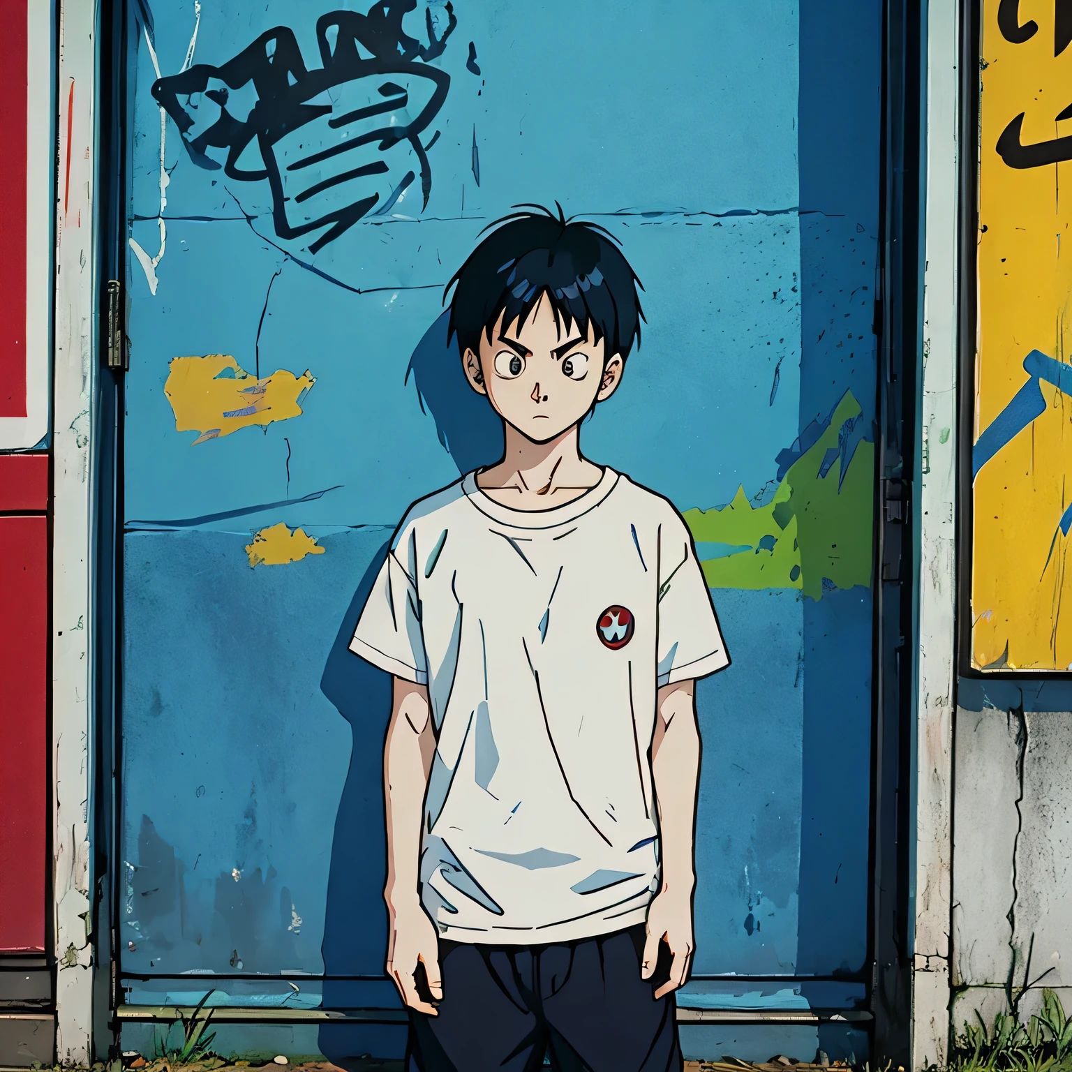 young european guy standing with hands in pockets, tan skin, grunge graffiti scene, light body hair, ((athletic small)), badass, bad attitude, scowling, ((he is solo)), ((he is alone)), wearing white t-shirt, shirtless