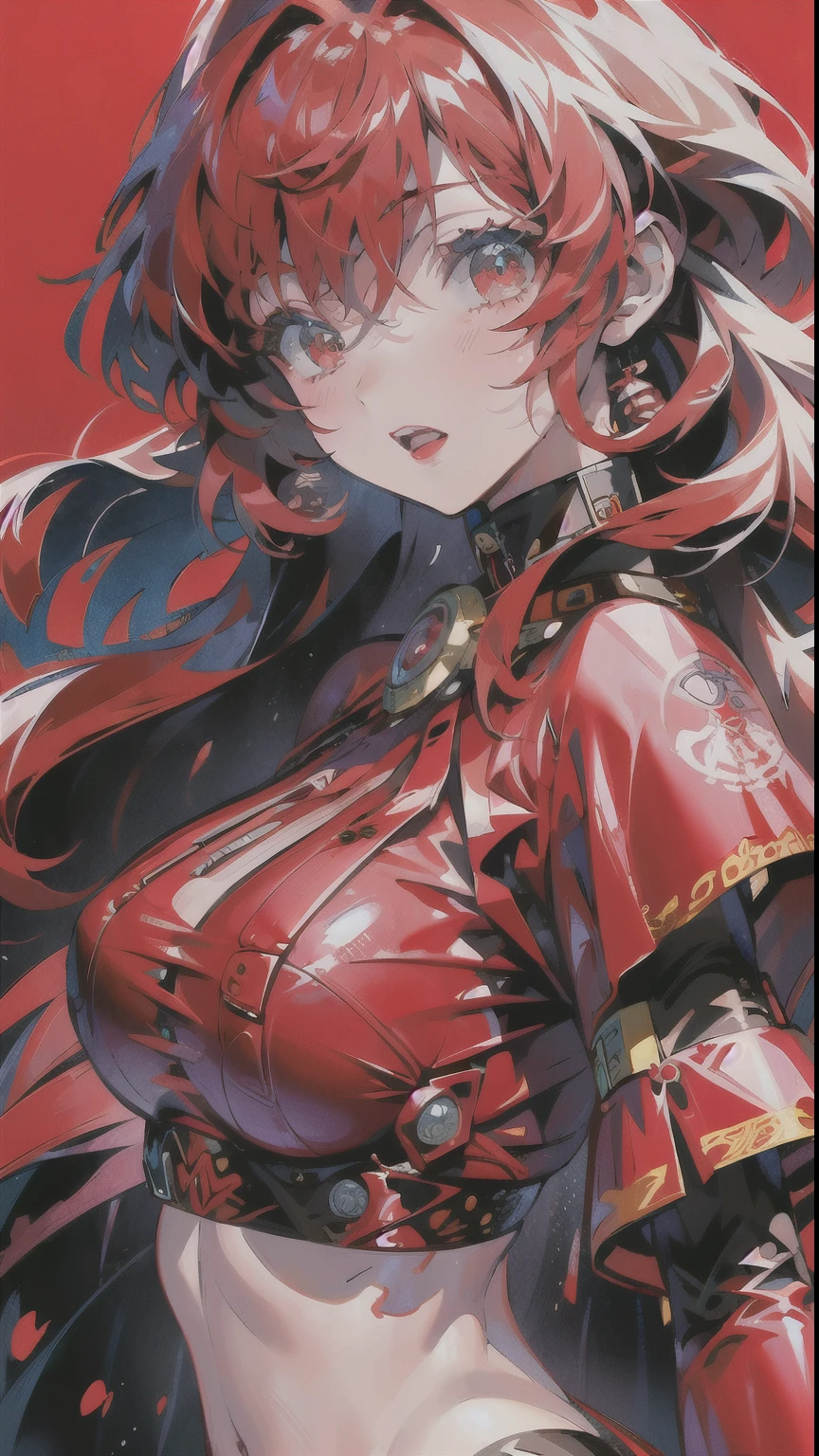 Red Hair、Red background、Curly Hair、Red eyes、Red Lip、Red ribbon、(masterpiece:1.2, Highest quality), (live-action, Intricate details), Ultra-high resolution, retina, masterpiece, Accurate, Anatomically correct, Textured skin, small , small busts, Small breasts、