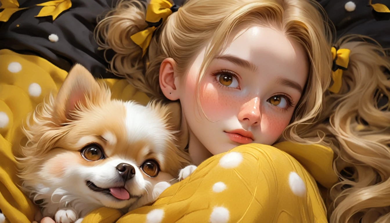 best quality, Masterpiece, Hogwarts students, Hufflepuff, Short hair with high twin tails., Short hair with golden blonde twin tails.,Beautiful  sleeps,Along with her adorable Pomeranian puppy., cute and bright, Freckles on the face, brown eyes details, detailed face, Beautiful skin, soft light, mysterious, soft shadow, Fine texture, dynamic light,