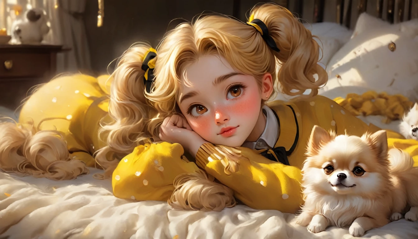 best quality, Masterpiece, Hogwarts students, Hufflepuff, Short hair with high twin tails., Short hair with golden blonde twin tails.,Beautiful sleeps,Along with her adorable Pomeranian puppy., cute and bright, Freckles on the face, brown eyes details, detailed face, Beautiful skin, soft light, mysterious, soft shadow, Fine texture, dynamic light,