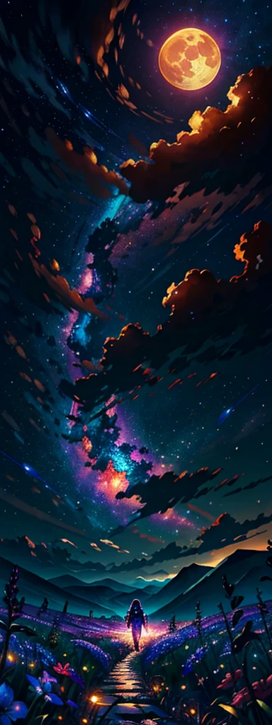 expansive landscape photograph , (a view from below that shows sky above and open field below), a girl standing on flower field looking up, (full moon:1.2), ( shooting stars:0.9), (nebula:1.3), distant mountain, tree BREAK
production art, (warm light source:1.2), (Firefly:1.2), lamp, lot of purple and orange, intricate details, volumetric lighting BREAK
(masterpiece:1.2), (best quality), 4k, ultra-detailed, (dynamic composition:1.4), highly detailed, colorful details,( iridescent colors:1.2), (glowing lighting, atmospheric lighting), dreamy, magical, (solo:1.2)