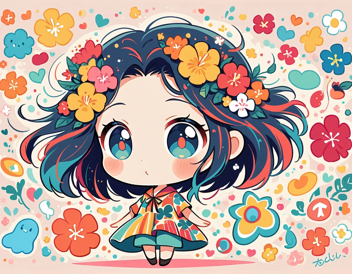 Mai Yoneyama style, Simple Line Initialism,Abstract art,Hawaii Travel, colorful hearts ,(((The most beautiful girl of all time))), (((chibi))), (((Cute amoeba))), hibiscus
