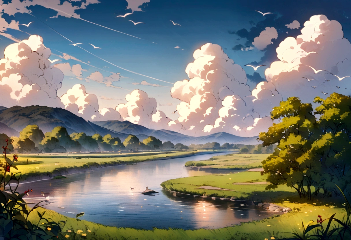 River bank,Gloomy weather,Enshrouded by clouds。Aimless flocks of birds flying around。