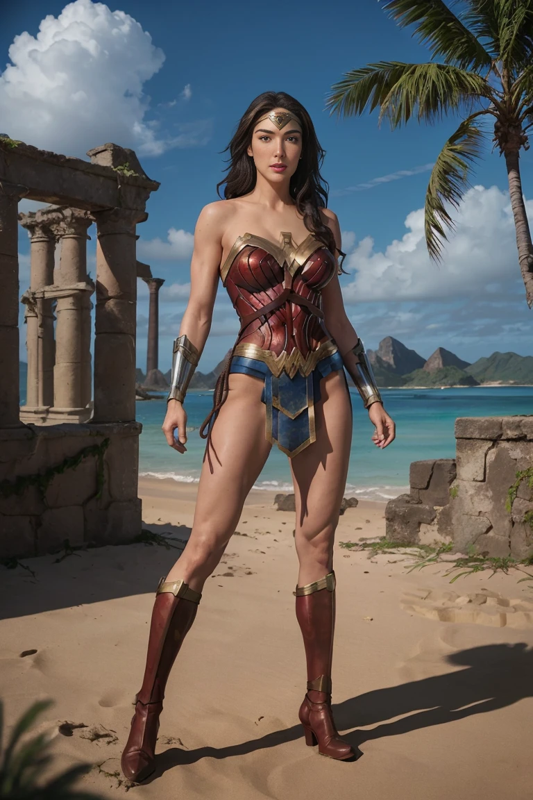 full body sexy beauty muscular archaeologist woman alis Wonder Woman, tall muscular, black long straight hair, blue eyes, red lips, Wonder Woman costume, wonder woman in combat position on the beach of a tropical island, lush vegetation, palm trees, bushes, ancient ruined city in the distance, fog, blurred shadows, photorealistic,