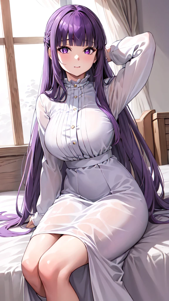 masterpiece, Highest quality, High resolution, Arfern, Long Hair, Purple Hair, Blunt bangs, Purple eyes, Large Breasts, Long dress, White Dress, Long sleeve, Sitting,arms behind head, Bedroom,(Puffing one’s cheeks), Cowboy Shot,