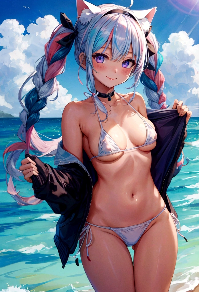 masterpiece, best quality, highres, sidelighting,
upper body, foreground, standing,
smile,
(half undress:1.4),
(white plain micro bikini:1.4),
(solo, 1 girl:1.4), minato aqua, virtual youtuber, animal ears, cat ears, long hair, purple eyes, braid, ahoge,
multicolored hair, twin braids, blue hair, two-tone hair, hairband, pink hair, anchor hair ornament,
skirt, ribbon, sailor collar, , pleated skirt,
twintails,
large breasts, bangs, 