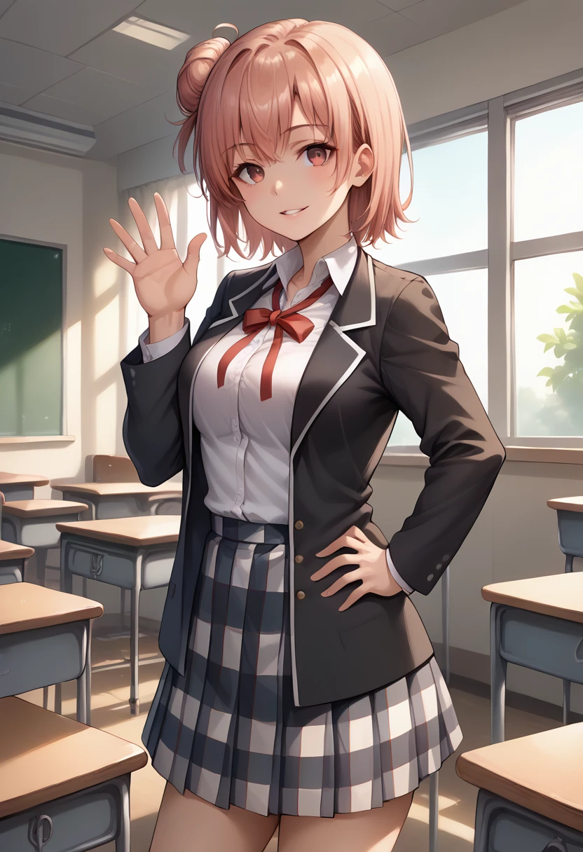 score_9, score_8_up, score_7_up, source_anime, 1girl, solo, looking at viewer, yyghm, short hair, single hair bun, black jacket, open jacket, neck ribbon, collared shirt, plaid skirt, black kneehighs, hand on hip, dutch angle, indoors, classroom, school desk, window, curtains, waving, hand up, upper body, school chair, sunlight, smile, parted lips