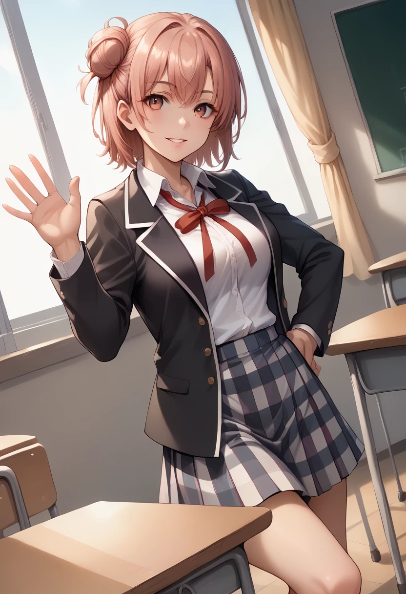 score_9, score_8_up, score_7_up, source_anime, 1girl, solo, looking at viewer, yyghm, short hair, single hair bun, black jacket, open jacket, neck ribbon, collared shirt, plaid skirt, black kneehighs, hand on hip, dutch angle, indoors, classroom, school desk, window, curtains, waving, hand up, upper body, school chair, sunlight, smile, parted lips