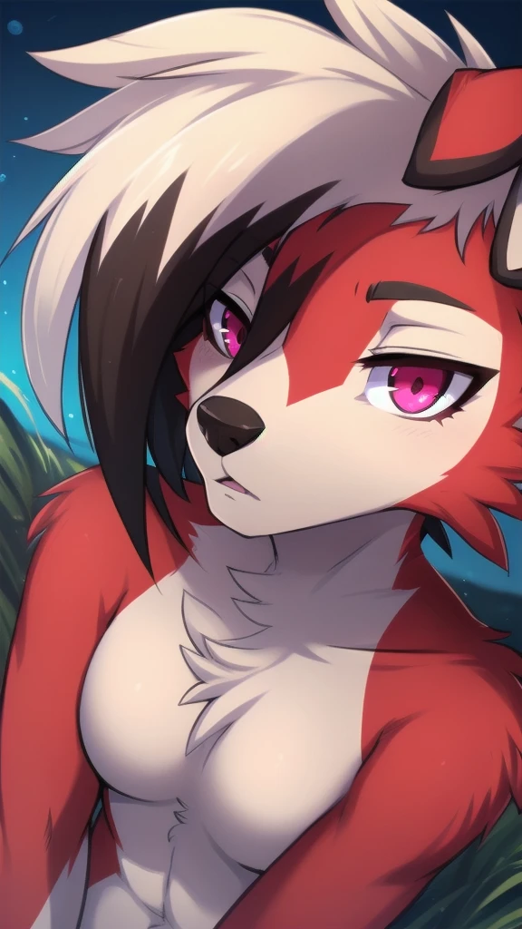 By zinfyuu on pixiv,by twistedscarlet60, uploaded on pixiv, by fluff-kevlar, (masterpiece), (best quality), (anthro furry:1.3, snout:1.2, anthro:1.3, furry:1.2, solo female:1.2),(detailed eye, pink eyes),BREAK,pokemon, lycanroc, lycanroc midnight,nude, sfw ,:o, kiss me, close up camera angle