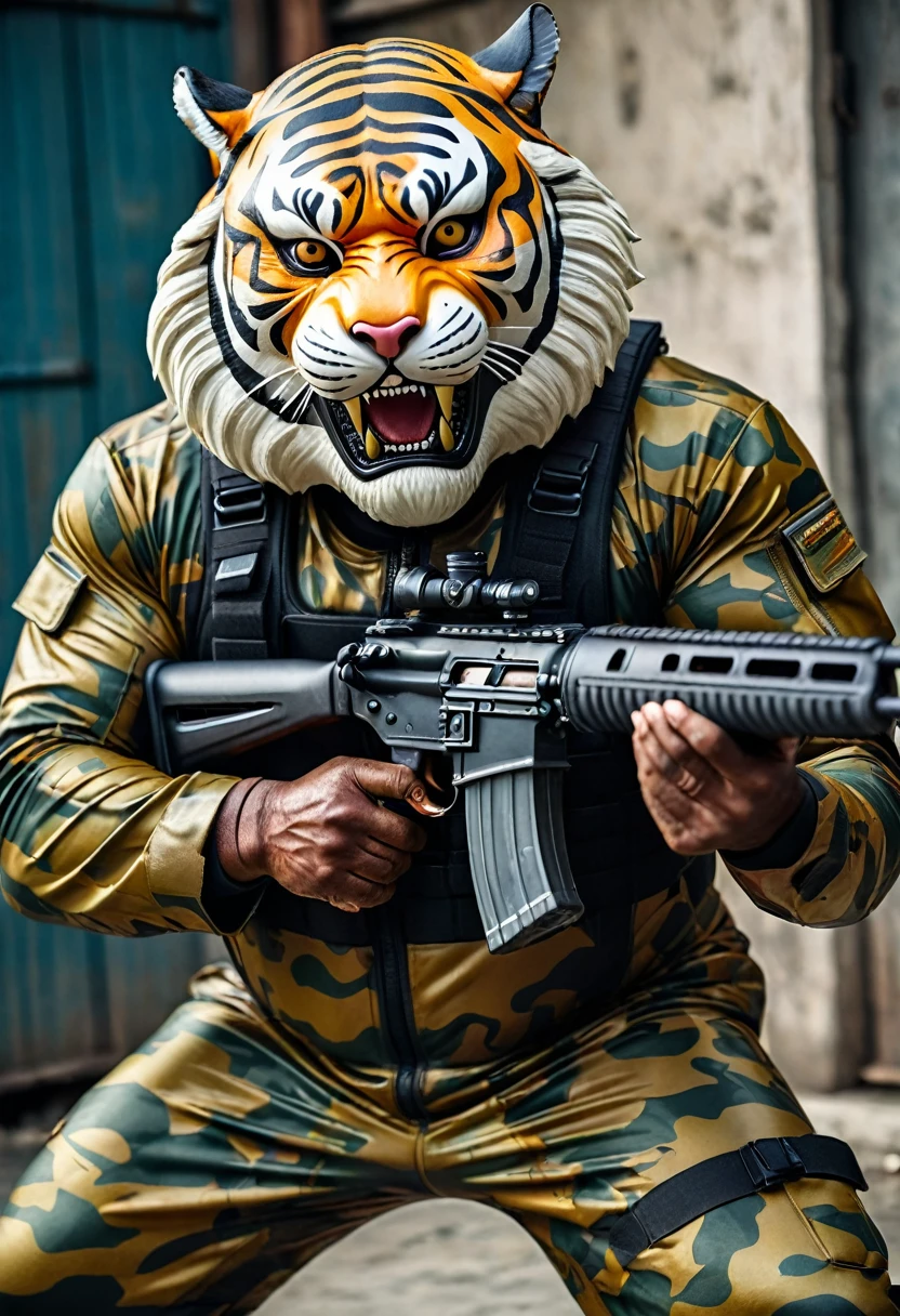 (a dark-skinned bearded fat muscular old man in a bulky army camouflage zipper diver suit) masturbating, thumbs up, carrying a gun, muscular, Bruce Onobrakpeya, sumatraism, stanley artgermm, action, heroic, fierce, smiling