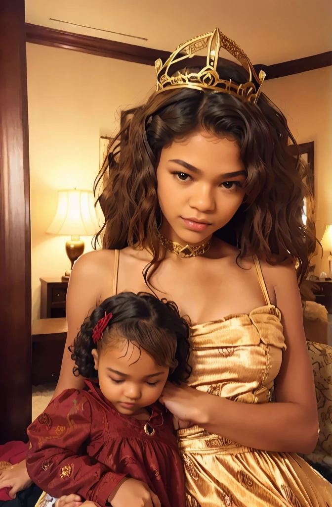 black queen with daughter, queen like Zendaya, zendaya adulte with daughter, curly hair, African queen with long curly hair, daughter has blond curly hair, cute hairstyle, luxury dress, queen crowned, princess crowned
