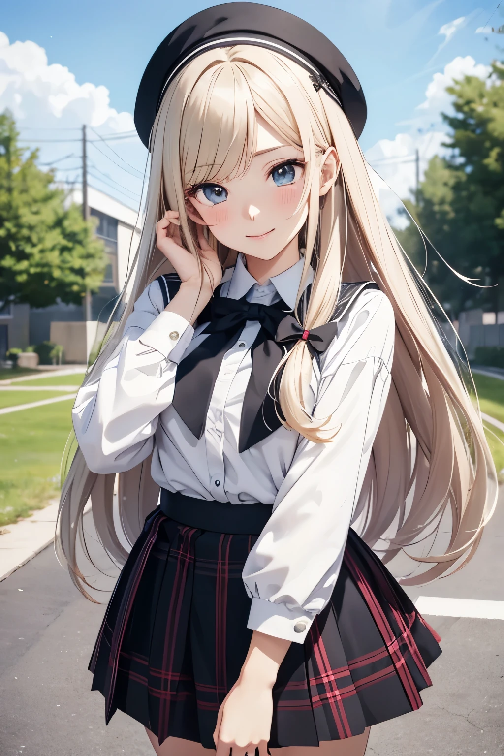 Anime Masterpiece, Top-tier Quality, 16K UHD,
Standing,
School Setting, Schoolyard, Blue sky, Multiple characters, Cute, Bright eyes, Nervous smile, Hair flowing in the wind, Long flowing hair, Detailed facial features, Anatomically correct, Highly detailed face and skin texture, Expressive eyes, Thick lashes, Glossy lips, Natural complexion, Neat and clean , Knee-high socks, White blouse, Tartan skirt, Extras: A group of friends gather around, One girl with long hair in the center, Anime style, (Perfectly detailed face and expressions), (