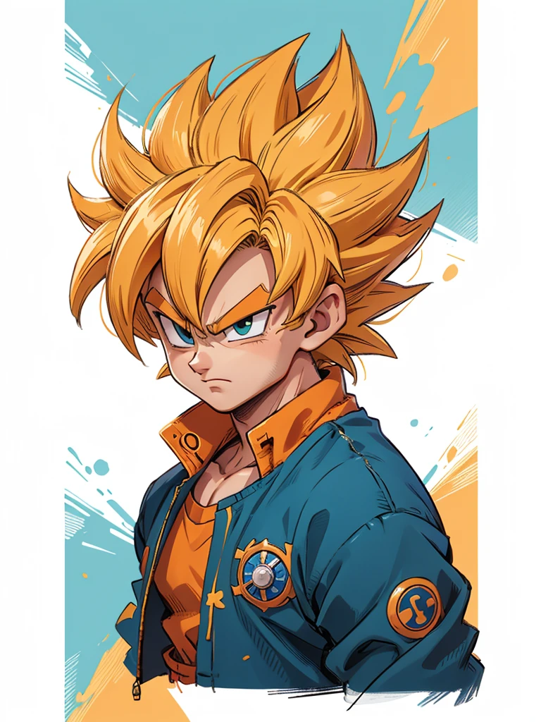 1man, solo, (masterpiece), best quality, ultra-detailed, Son Goku from Dragon Ball Z, super saiyan hair, yellow hair, Retro style, full body. fashion cloth, blue jacket, orange shirt, fancy, portrait, upper body, face detail, eyes detail: 1.3, simple background, green eyes, orange shirt,(white background)