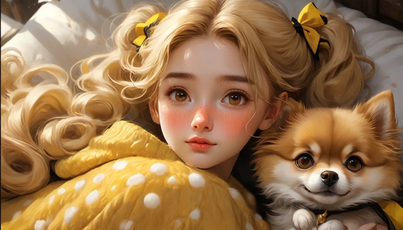 best quality, Masterpiece, Hogwarts students, Hufflepuff, Short hair with high twin tails., Short hair with golden blonde twin tails.,Beautiful  sleeps,Along with her adorable Pomeranian puppy., cute and bright, Freckles on the face, brown eyes details, detailed face, Beautiful skin, soft light, mysterious, soft shadow, Fine texture, dynamic light,