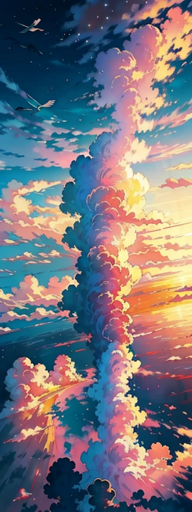 Create an anime-style image of a stunning cloudscape viewed from above. In the foreground, depict a young person with short hair, standing on a floating island. They are wearing a light jacket and jeans, with a backpack slung over one shoulder. The person is looking out at the vast expanse of clouds, with a sense of awe and adventure.
The middle ground should show several floating islands of various sizes, each covered in lush greenery and small, colorful flowers. Some islands have tall, ancient trees with sprawling roots and branches that reach toward the sky. Birds are flying between the islands, adding a sense of movement and life to the scene. The background should feature a breathtaking sky filled with towering cumulus clouds, illuminated by the warm hues of a setting sun. The clouds should be a mix of soft oranges, pinks, and purples, creating a dreamy, ethereal atmosphere. The overall mood of the image should be one of wonder and serenity, capturing the beauty and magic of a sky filled with clouds and floating islands.