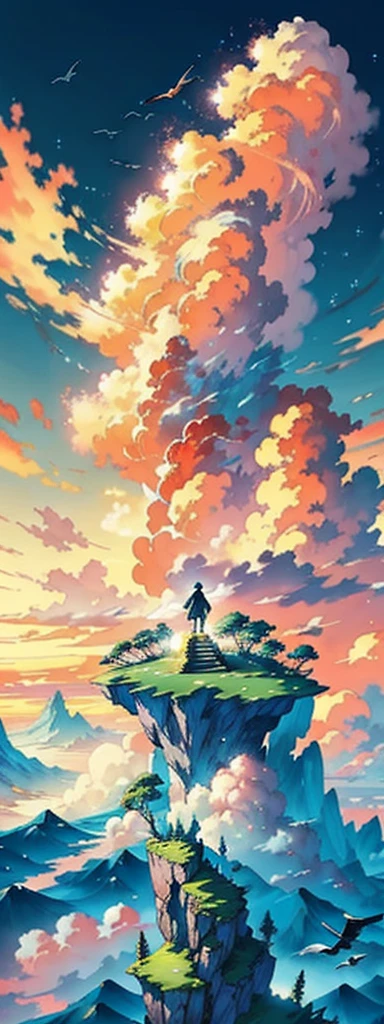 Create an anime-style image of a stunning cloudscape viewed from above. In the foreground, depict a young person with short hair, standing on a floating island. They are wearing a light jacket and jeans, with a backpack slung over one shoulder. The person is looking out at the vast expanse of clouds, with a sense of awe and adventure.
The middle ground should show several floating islands of various sizes, each covered in lush greenery and small, colorful flowers. Some islands have tall, ancient trees with sprawling roots and branches that reach toward the sky. Birds are flying between the islands, adding a sense of movement and life to the scene. The background should feature a breathtaking sky filled with towering cumulus clouds, illuminated by the warm hues of a setting sun. The clouds should be a mix of soft oranges, pinks, and purples, creating a dreamy, ethereal atmosphere. The overall mood of the image should be one of wonder and serenity, capturing the beauty and magic of a sky filled with clouds and floating islands.