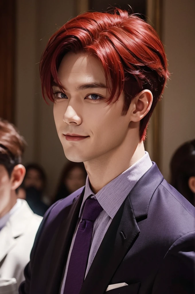 Outrageous, best quality, 1 man, Solitary, Red hair, Purple Eyes, Evil smiled,Facing the audience,Wearing a suit,Upper Body,Close-up of face