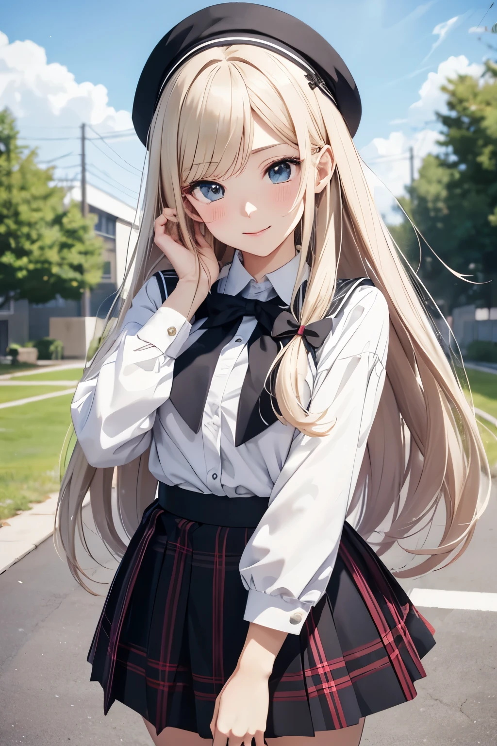 Anime Masterpiece, Top-tier Quality, 16K UHD,
Standing,
School Setting, Schoolyard, Blue sky, Multiple characters, Cute, Bright eyes, Nervous smile, Hair flowing in the wind, Long flowing hair, Detailed facial features, Anatomically correct, Highly detailed face and skin texture, Expressive eyes, Thick lashes, Glossy lips, Natural complexion, Neat and clean , Knee-high socks, White blouse, Tartan skirt, Extras: A group of friends gather around, One girl with long hair in the center, Anime style, (Perfectly detailed face and expressions), (