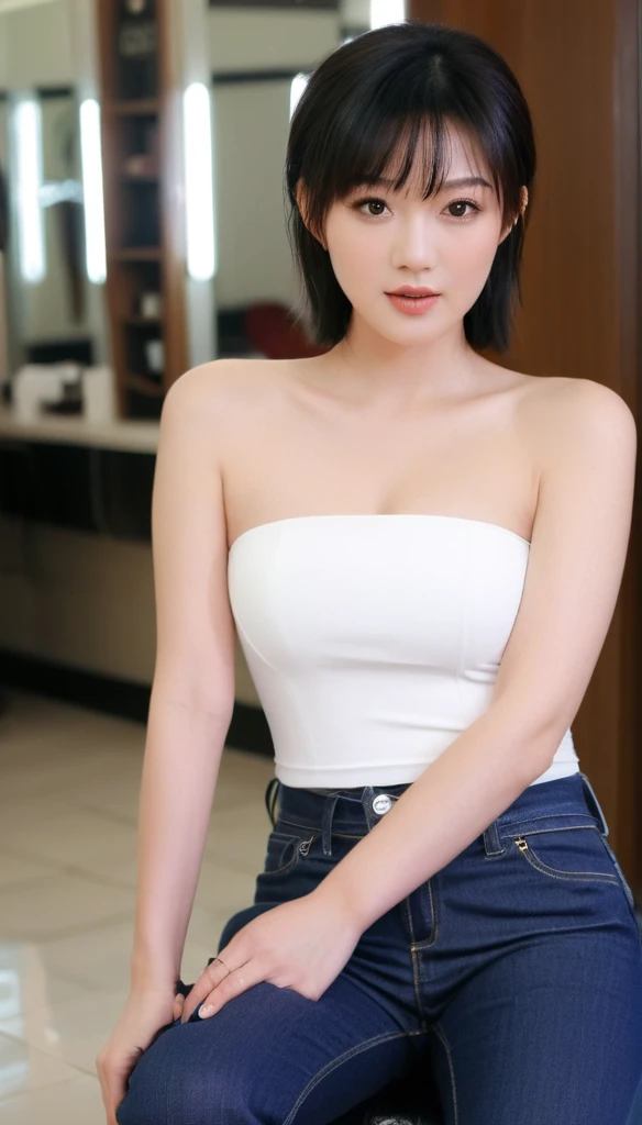 close-up of beautiful Hong Kong, Sisley Choi is a Hong Kong actress and model, age 25 years old girl, youthful face, white skin body, perfect body, medium hair, black hair, straight hair, flat bangs hair, bust size 34 inches, wearing a tight plain light white strapless tube top, wearing a tight plain dark blue denim pants, Choi holding breasts with her own two hands is very sexy and sigh, Choi squeezes the breasts very seductively, I held my hair delicately, then I held the scissors in my right hand, then cut my hair and bangs using the scissor tool while sighing and sexy, strand after strand of Choi’s hair fell, pieces of Choi’s hair now filled the floor around where she was sitting, strand after strand of Choi’s hair fell down, pieces of Choi’s hair now filled the floor around where she was sitting, sexy looking pose, pose a naughty look, at a hair salon, hair salon background, UHD