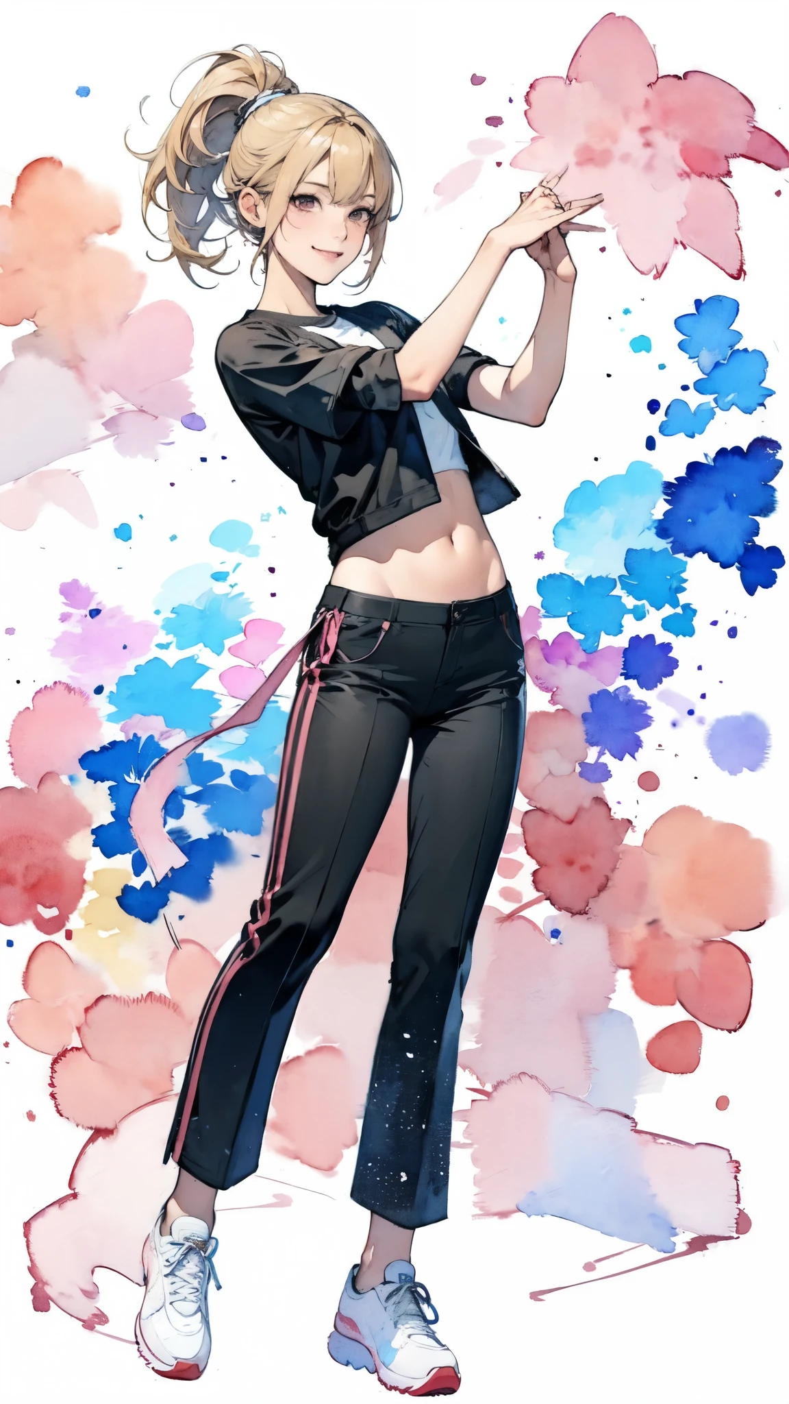 (masterpiece:1.2, Highest quality),(Very detailed),(((watercolor))),8K,wallpaper,(Black jacket),(Pop T-shirt),(Black Pants),(sneakers),26 years old,White woman,dancer,Dancing in the streets of New York,(Blonde),(((front))),(((whole body:1.5))),(smile),((Detailed hand drawing)),((Beautiful female hands)),(((透明watercolor:1.4))),(((Have a dynamic dance)))